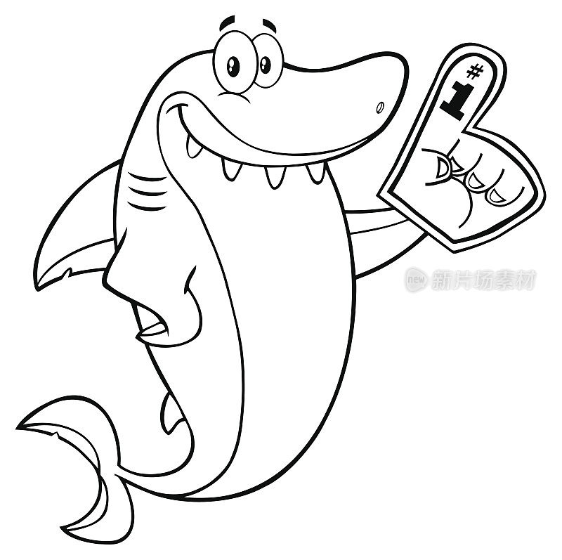 Black And White Cute Shark Cartoon Mascot Character Wearing A Foam Finger
